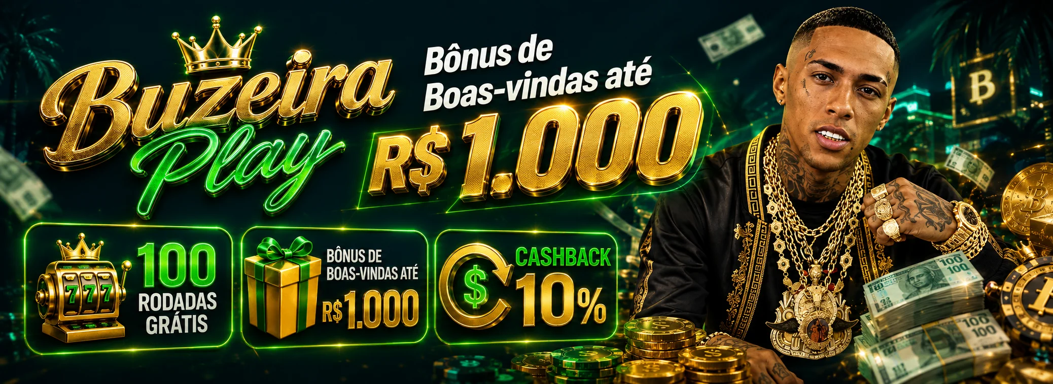 Bônus de boas-vindas do Buzeira Play: 100% até R$ 1.000 mais 100 giros grátis no Fortune Tiger